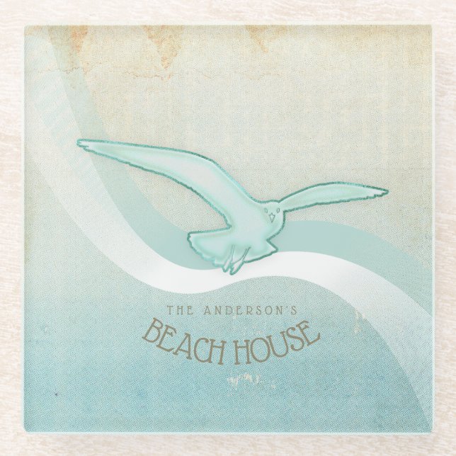 Posavasos De Vidrio Beach House Seagull Aqua Blue ID623 (Anverso)