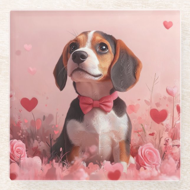 Posavasos De Vidrio Beagle con Rosas - Día de San Valentín (Anverso)