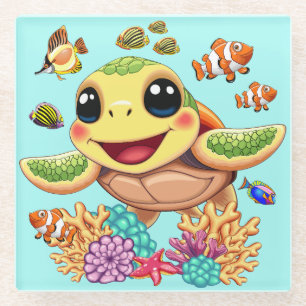 Posavasos De Vidrio Bebé de tortuga marina feliz y con carácter