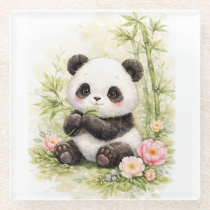 Posavasos De Vidrio Bebé Panda Lindo Coaster Floral de Bambú Kawaii