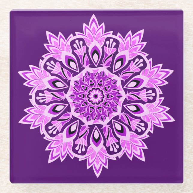 Posavasos De Vidrio Bebida morada rosa Mandala Boho (Anverso)
