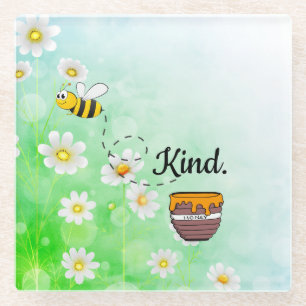 Posavasos De Vidrio Bee Kind Miel personalizado de insectos verde flor