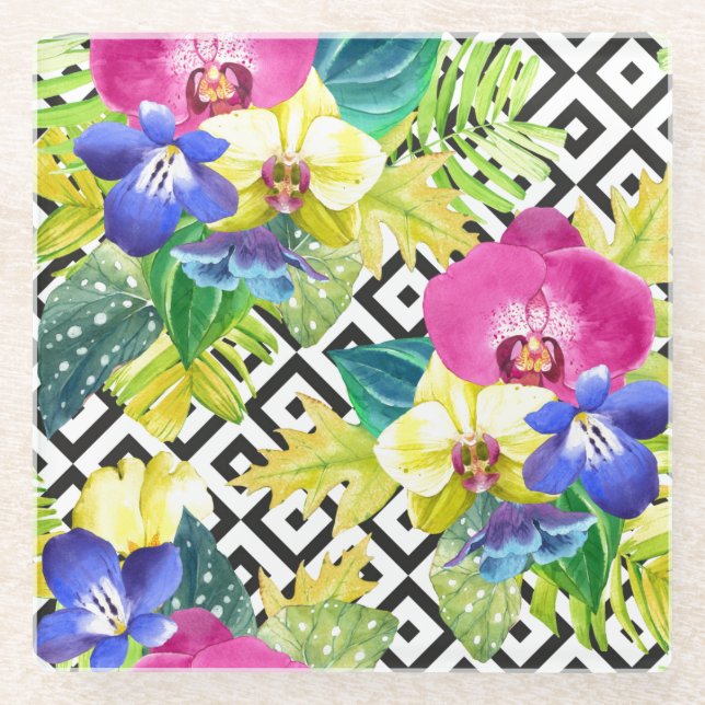 Posavasos De Vidrio Begonia y hojas de palma de la orquídea (Anverso)