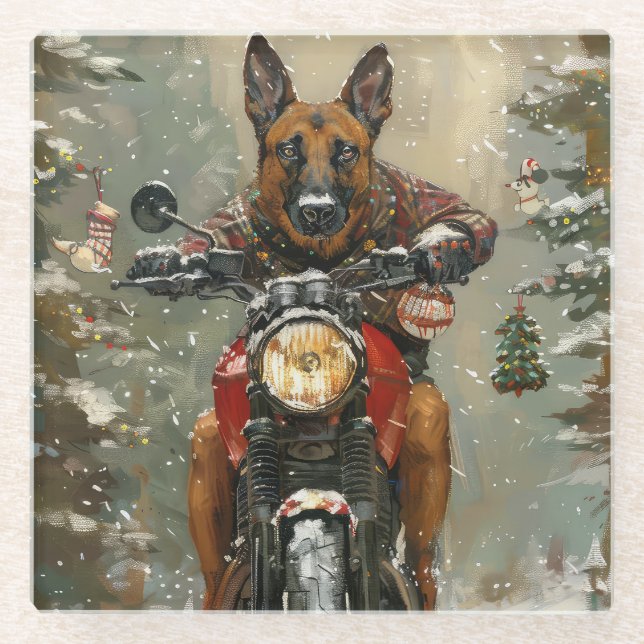 Posavasos De Vidrio Belga Malinoi Viaje en Motocicleta Navidad (Anverso)