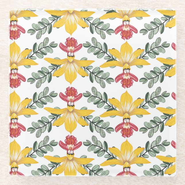 Posavasos De Vidrio Belleza Orquídea: Elegancia De Patrón Floral. (Anverso)