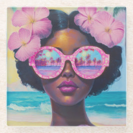 Posavasos De Vidrio Belleza tropical en tonos rosados