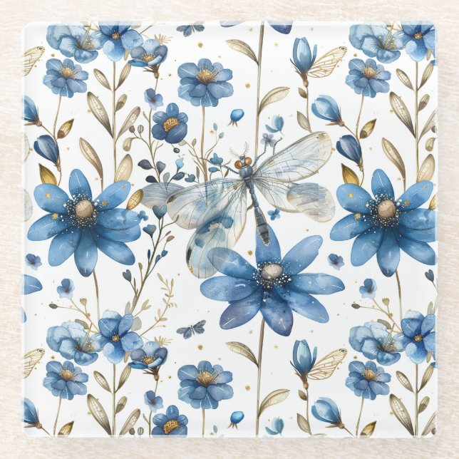 Posavasos De Vidrio Bélula azul y flores Beber de flores (Anverso)