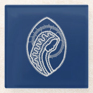 Posavasos De Vidrio Bendita Virgen María, encaje blanco, azul marino
