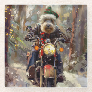 Posavasos De Vidrio Bernedoodle Dog Riding Motorcycle Christmas