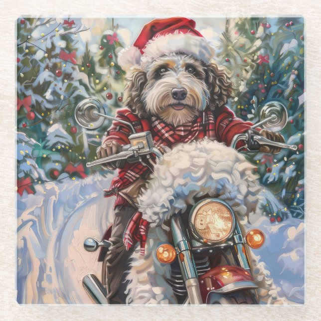 Posavasos De Vidrio Bernedoodle Dog Riding Motorcycle Christmas (Anverso)