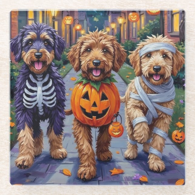 Posavasos De Vidrio Bernedoodle perros trick-or-Treating en Halloween  (Anverso)