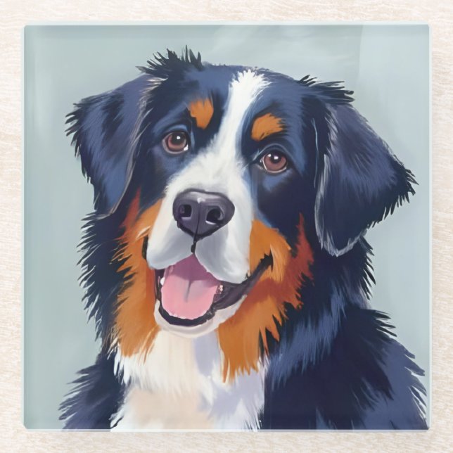 Posavasos De Vidrio Bernese Mountain Dog | Watercolor Painting (Anverso)