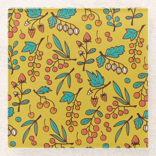 Posavasos De Vidrio Berries en ramas, patrón de naturaleza sin fisuras (Anverso)