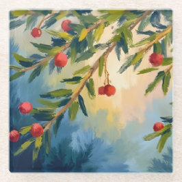 Posavasos De Vidrio Berries & Greenery | Merry Christmas