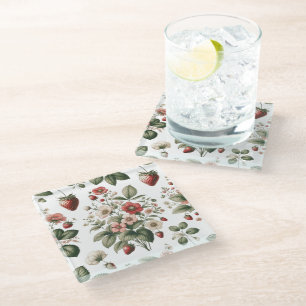 Posavasos De Vidrio Berry Sweet Over Strawberry and Floral Pattern