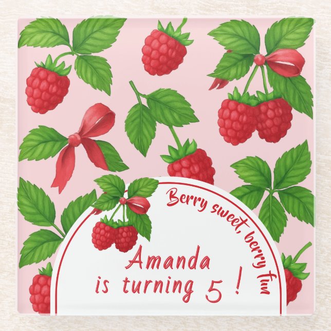 Posavasos De Vidrio Berry Sweet Raspberry Kids Birthday Fiesta - (Anverso)