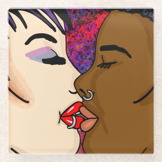 Posavasos De Vidrio Beso romántico | Romance interracial (Anverso)