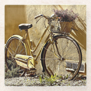 Posavasos De Vidrio Bicicleta amarilla colorida vintage      