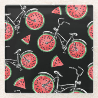 Posavasos De Vidrio Bicicletas con ruedas de sandía, patrón de verano.