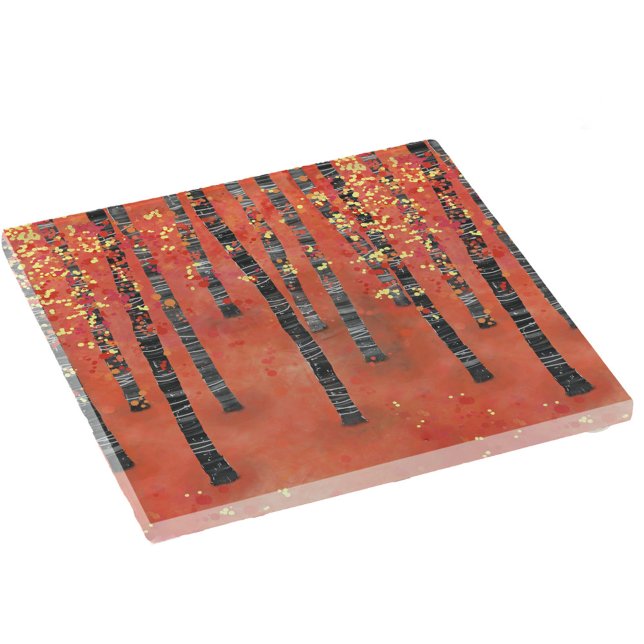 Posavasos De Vidrio Birch Forest Woodland Red (Birch aspen tree forest woodland art glass coaster)