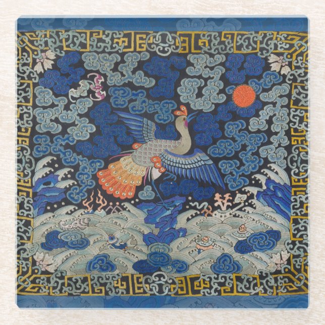 Posavasos De Vidrio Bird Blue Chinese Embroidery Vintage (Anverso)