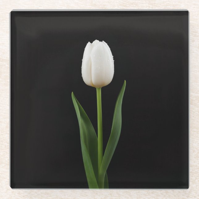 Posavasos De Vidrio Black 4 Luxe Glass coaster, Pearl White Tulip (Anverso)