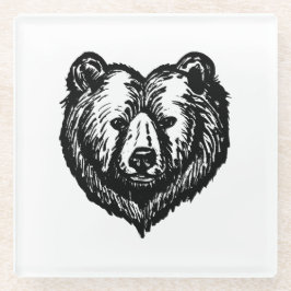 Posavasos De Vidrio Black and White Bear's Face Ink Drawing