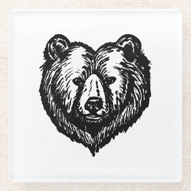 Posavasos De Vidrio Black and White Bear's Face Ink Drawing (Anverso)