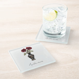 Posavasos De Vidrio Black Burgundy Red Floral Vase