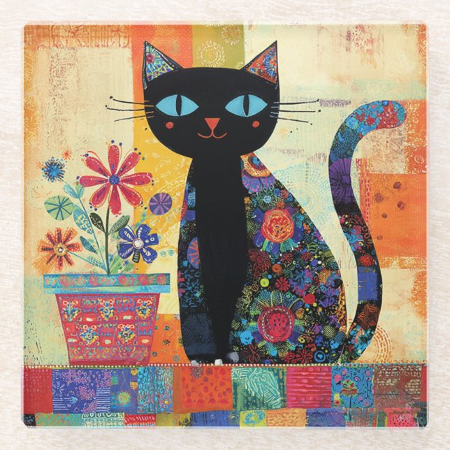 Posavasos De Vidrio Black Cat Folk Art (Anverso)