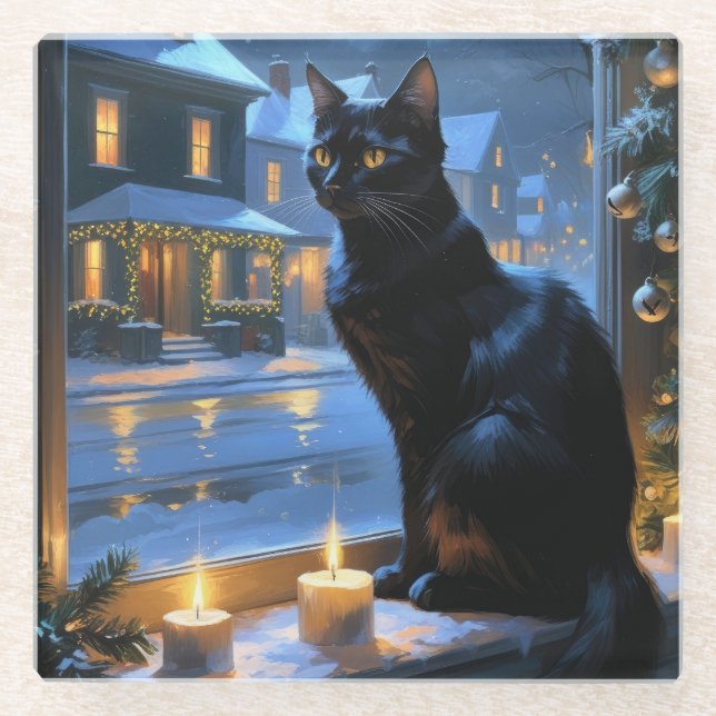 Posavasos De Vidrio Black Cat With Christmas Lights Holiday (Anverso)