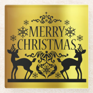 Posavasos De Vidrio Black Faux Gold Merry Christmas Glass Coaster