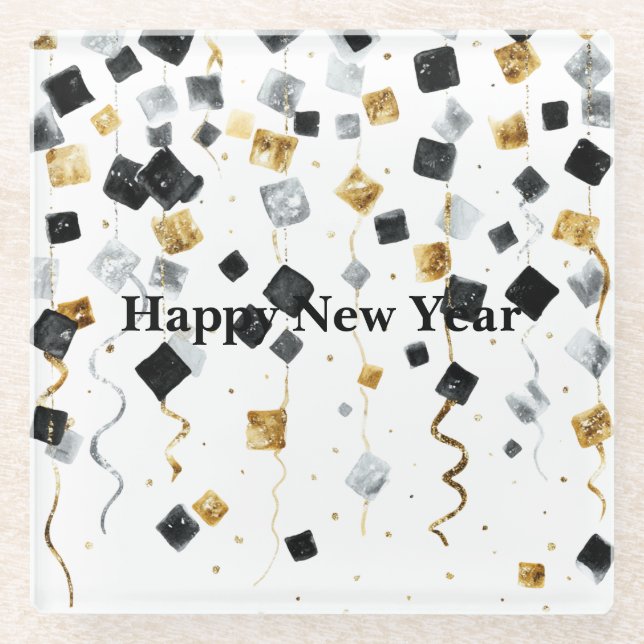 Posavasos De Vidrio Black Gold Happy New Year Confetti (Anverso)