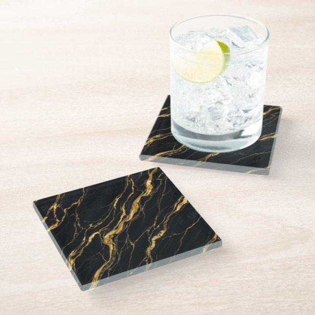 Posavasos De Vidrio Black Gold Marble Elegant Drink Table Decor (Angular)