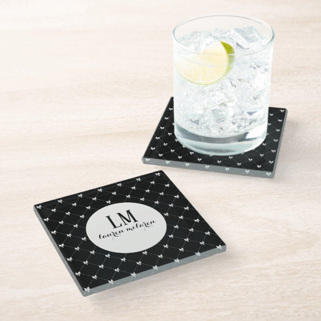 Posavasos De Vidrio Black & White Bow Monogram (Angular)