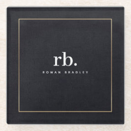 Posavasos De Vidrio Black White Gold Fabric Effect Elegant Monogram