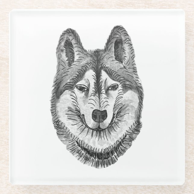 Posavasos De Vidrio Black & White Ink & Watercolor Siberian Husky (Anverso)