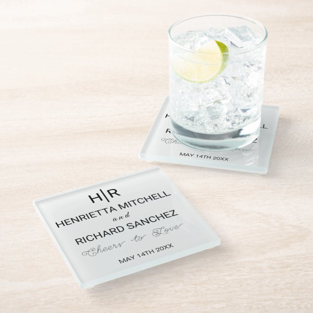 Posavasos De Vidrio Black & White Minimal Clean Monogram Wedding  (Angular)