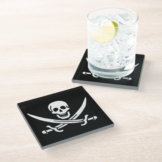 Posavasos De Vidrio Blanco, Bandera Pirata Calico Jack, Calavera y Cri (Angular)