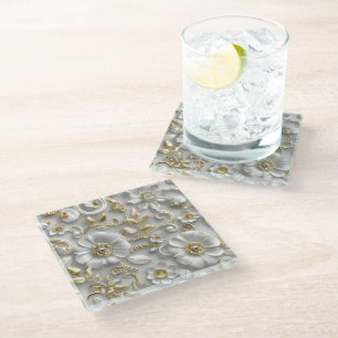 Posavasos De Vidrio Blanco Dorado Decorativo Floral 3D Elegante