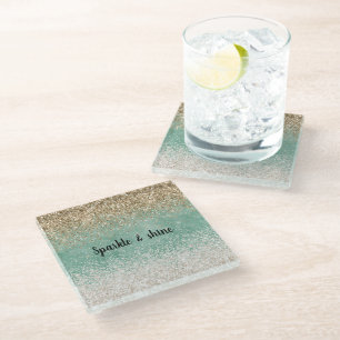 Posavasos De Vidrio Blanco Menta Glam Dorado Brillo Purpurina