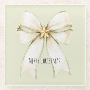 Posavasos De Vidrio Blanco Navidad Estrella Dorada Lazo Menta