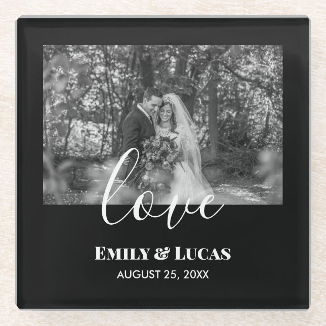 Posavasos De Vidrio Blanco negro foto de matrimonio simple elegante (Anverso)