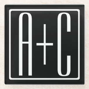 Posavasos De Vidrio Blanco y negro Iniciales de parejas