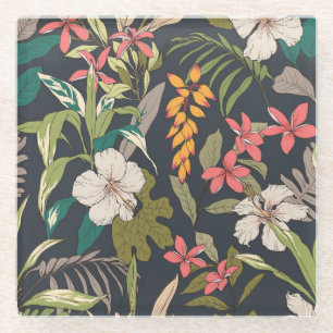 Posavasos De Vidrio Bloom Tropical: Patrón de flores sin foco