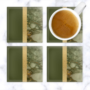 Posavasos De Vidrio Bloque de color moderno mármol verde oliva y oro