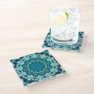 Posavasos De Vidrio Blue Aqua Mandala Rosette Retro Hippie