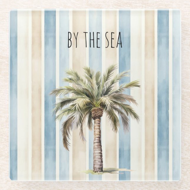 Posavasos De Vidrio Blue Cream Stripes Tropical Palm Tree (Anverso)