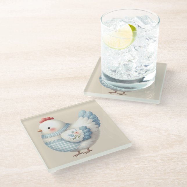 Posavasos De Vidrio Blue Gingham Cottage Hen (Angular)
