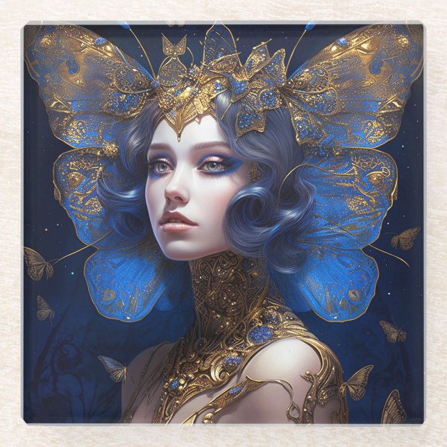Posavasos De Vidrio Blue Gold Fairy Fantasy Art (Anverso)